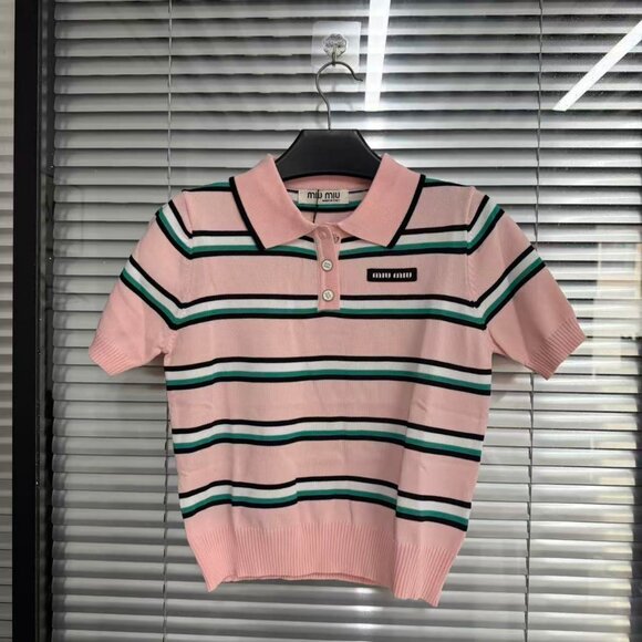 Miu Miu lapel, striped and color-blocked knitted short-sleeved shirt - Picture 1 of 8